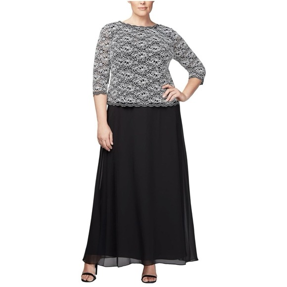 NWT Alex Evenings Black Sequin Lace Chiffon Midi Special Occasion Dress Size 16 - Picture 3 of 14